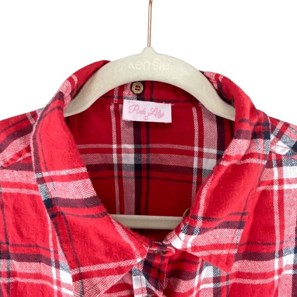Pink Lily Plaid Button-Up Flannel Shirt Red White Pockets L Western Rodeo Casual - Picture 3 of 8